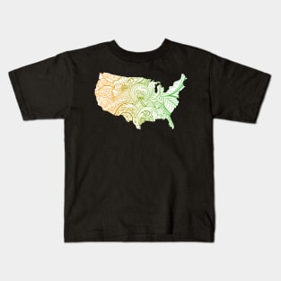 Colorful mandala art map of the United States of America in green and orange on white background Kids T-Shirt